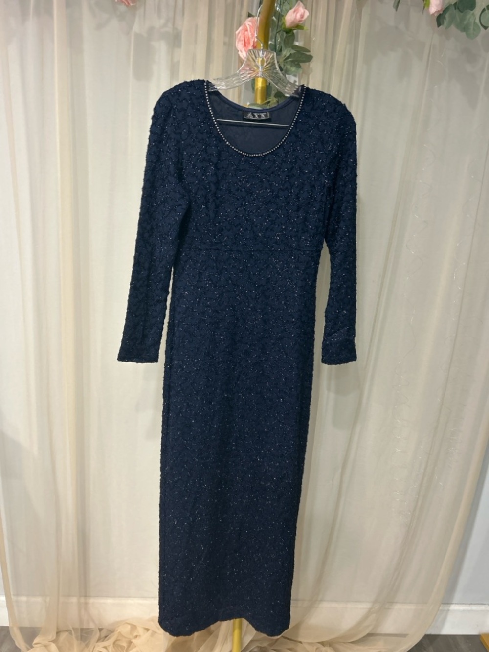 ATT Navy Blue Shimmer Maxi Dress Small Formal Evening Long Sleeve Elegant